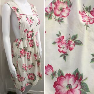 Nelly Don Vintage Apron 100 Cotton White Pink Flowers 1950s Full Body Bib Ties
