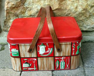 Vintage Decoware Tin Red And Beige Picnic Basket With Bent Wood Handles 1950s