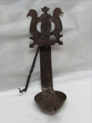Antique Primitive Bird Decorated Wrought Iron Metal Hanging Betty Lamp Whale Oil