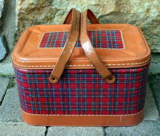 Vintage Tin Picnic Basket Red Blue Plaid And Orange/rust Color With Tin Handles