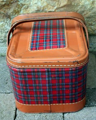 Vintage Tin Picnic Basket Red Blue Plaid and Orange/Rust Color with Tin Handles 2