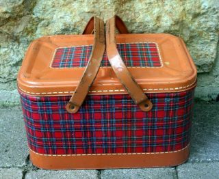 Vintage Tin Picnic Basket Red Blue Plaid and Orange/Rust Color with Tin Handles 3
