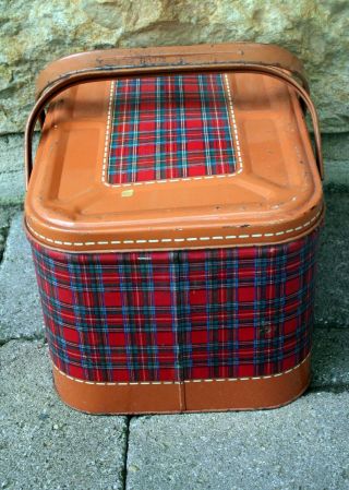 Vintage Tin Picnic Basket Red Blue Plaid and Orange/Rust Color with Tin Handles 4