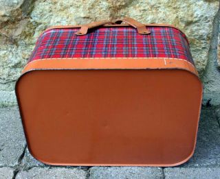 Vintage Tin Picnic Basket Red Blue Plaid and Orange/Rust Color with Tin Handles 5