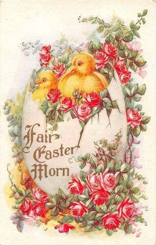 Lovely Pink Roses & Chicks In Big Broken Egg On Old Easter Postcard