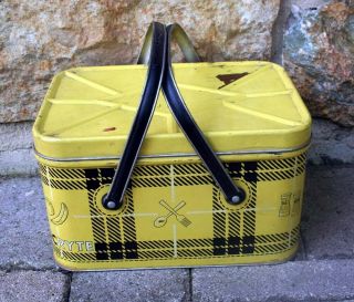 Vintage Tin Picnic Basket Nesco Yellow And Black Printed Picnicryte
