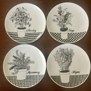 Fitz & Floyd Vintage Salad Plate Set Parsley,  Sage,  Rosemary,  & Thyme B/w Design