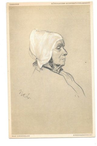 Vintage Postcard Artist Signed Max Liebermann Chalk Drawing Old Woman Dresden