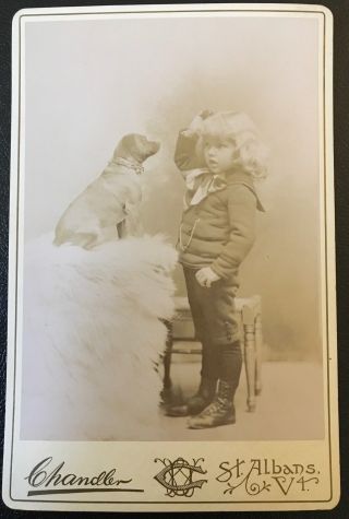 1890 BOY & HIS DOG FETCH Little Lord Fauntleroy ST ALBANS VT ANTIQUE PHOTOGRAPHY 2