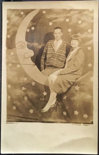 Real Photo Postcard Rppc Young Couple On Paper Moon & Stars Studio Prop