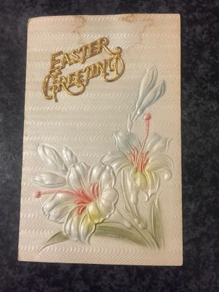 Vintage Easter Lilies Postcard Embossed Gold Metal Letters Lily On Front Rare