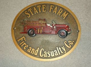 State Farm Fire & Casualty Co.  Insurance Cast Metal W/ Fire Truck Sign / Plaque