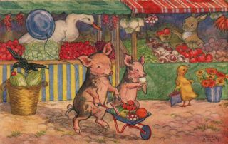 A/s Molly Brett Pigs Go Off To Market For Veggies Ice Cream Sweet Bunny Duck
