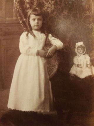 Antique Cabinet Card Photo Of Little Girl With Her Doll Sitting In Its Own Chair