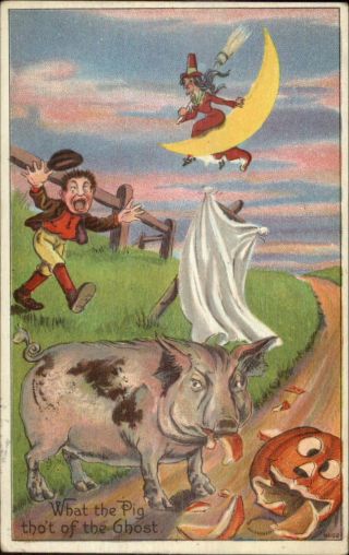 Halloween Pig Eats Scarecrow - Witch On Moon Series 980 C1910 Postcard