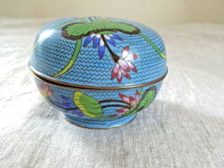 Antique Vintage Chinese Cloisonne Blue Box Covered Bowl Lotus Flowers 2