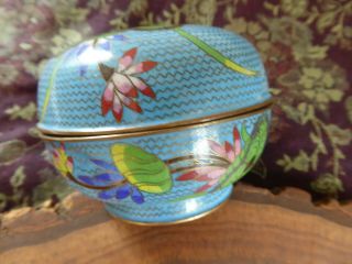Antique Vintage Chinese Cloisonne Blue Box Covered Bowl Lotus Flowers 4