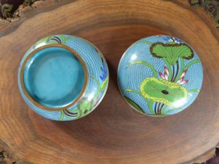 Antique Vintage Chinese Cloisonne Blue Box Covered Bowl Lotus Flowers 6