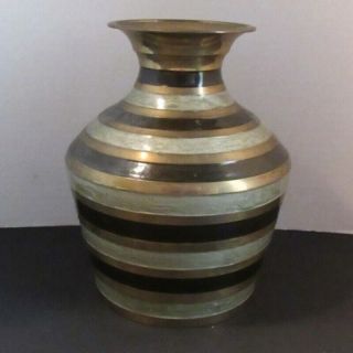 Vintage Brass Vase Brown Gray Stripe Bands Urn Ginger Jar Shape 7 - 3/4 " Heavy