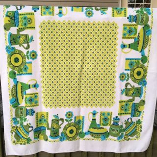 Vintage Terry Cloth Fruit Floral Tablecloth Turquoise Green Kitchen Kitsch