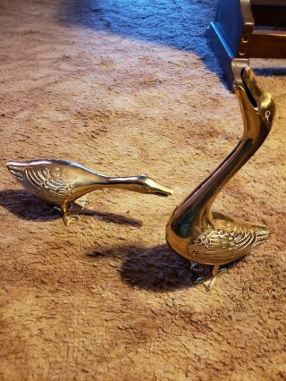 Estate Vintage Pair Heavy Solid Brass Duck Goose Geese Figurines Statues Figures