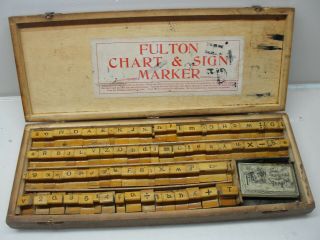 Vintage Fulton Chart & Sign Marker Stamp Set W/ Wooden Case
