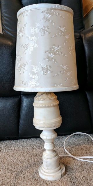 Vtg Solid Alabaster Marble Lamp With Clip On Ivory Floral Shade Table