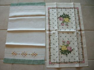 Pair Vintage Linen Kitchen Tea Towel Roses & Embroidered Flowers Retro