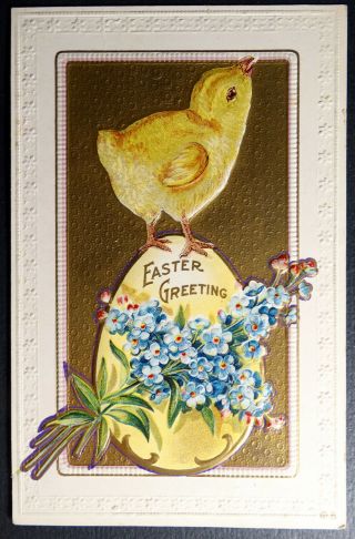 Postcard Easter Greetings Embossed Frame Chick On Egg With Flowers