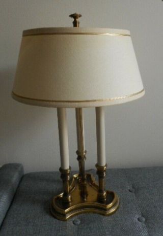 Vintage Stiffel Brass Bouillotte 3 Candlesticks Desk Table Lamp 23.  5 " W/shade