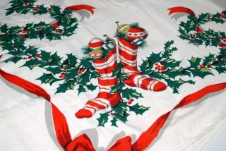 Vintage Linen Printed Tablecloth Christmas Stockings Ornaments Bows Holly 52x60
