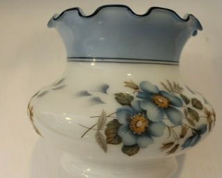 Vintage White Milk Glass Hurricane Lamp Shade Globe Blue Flowers Ruffle Scallop