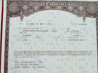 3 Delorean Vehicle Origin Certificates And Docs Re: Car Vins
