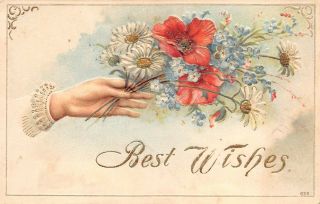 Best Wishes Greeting Embossed Postcard 1908 Posted Hand Flowers Double Cancel