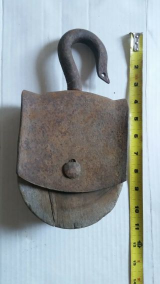 Vintage Wooden Barn Pulley Block & Tackle With Hook Antique Farm Equipment Tool
