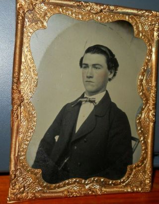 Quarter Plate Tintype Of Young Man In Brass Frame