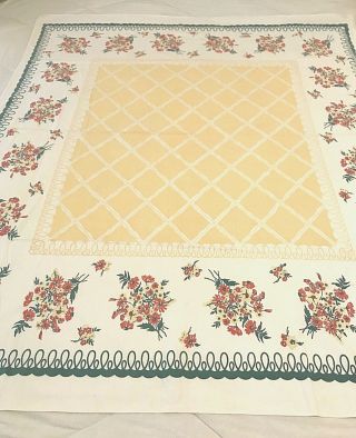 Vintage Sweet Floral Table Cloth Cotton Pink Yellow Deep Sage Green 40 " X50 " T18