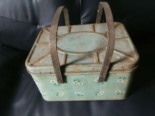 Vintage Green Plaid Metal Lunch Basket Box Picnic Wood Handles Farmhouse Decor