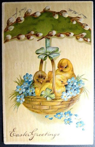 Postcard Easter Greetings Embossed Chicks In Basket Blue Flowers Pbf Serie 6721