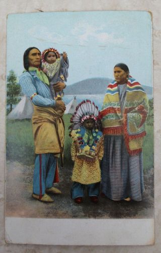 Vintage Illustrated Indian Postcard 1900s Color Native American Family A