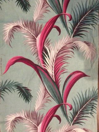 Vintage Barkcloth Fabric Tropical Leaves Palms Ferns Leaf Pink Green