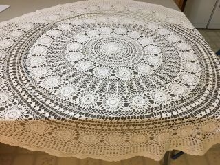 Vintage Hand Crocheted Cotton Tablecloth Round 63 " Ivory Scalloped Edge