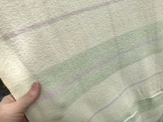 Vtg Blanket Double Length Camp Wool Blend Stripe Green Purple Flaws 70 " X15 "