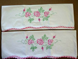 Vintage Pillow Cases Hand Embroidered Pink Roses Crocheted Lace Edge