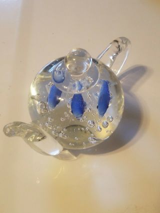 Dynasty Gallery Collectible Teapot Art Glass Paperweight Bubbles & Blue Dolphins
