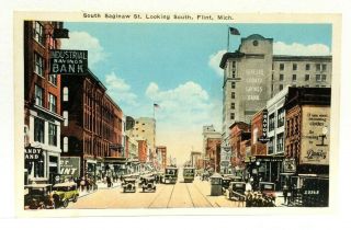 Flint Michigan South Saginaw St Street View Vintage Cars Trolleys Postcard