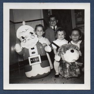 Vintage Found Photo Snapshot Ca.  1950s Kids W Xmas Toys Blow - Up Santa; Fuzzy Dog
