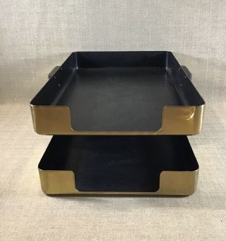 Vintage Pair Mcdonald Products Mid Century Shiny Brass Desk Top Letter Trays
