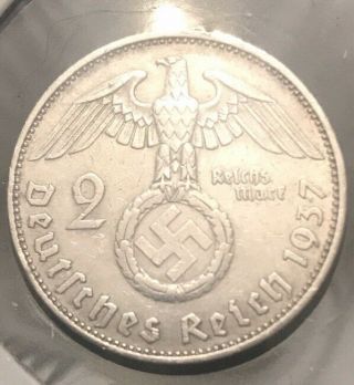 2 Mark 1937 A (berlin) Nazi Germany.  625 Fine Silver Coin W/ Swastika