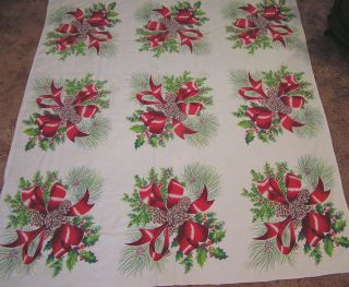Vintage Tablecloth Wilendur Christmas Theme Pine Cones Holly Red Ribbon